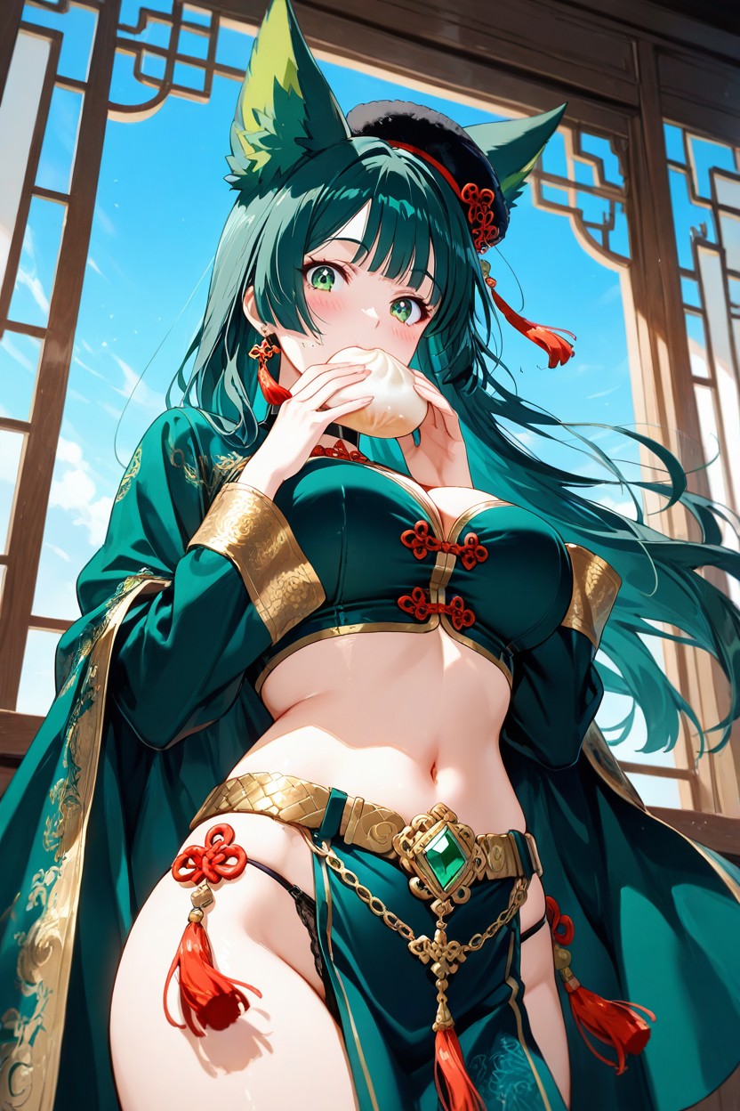 Looking At Viewer, Black Fur Hat, Golden Chains And Dangling Beads Hentai IA