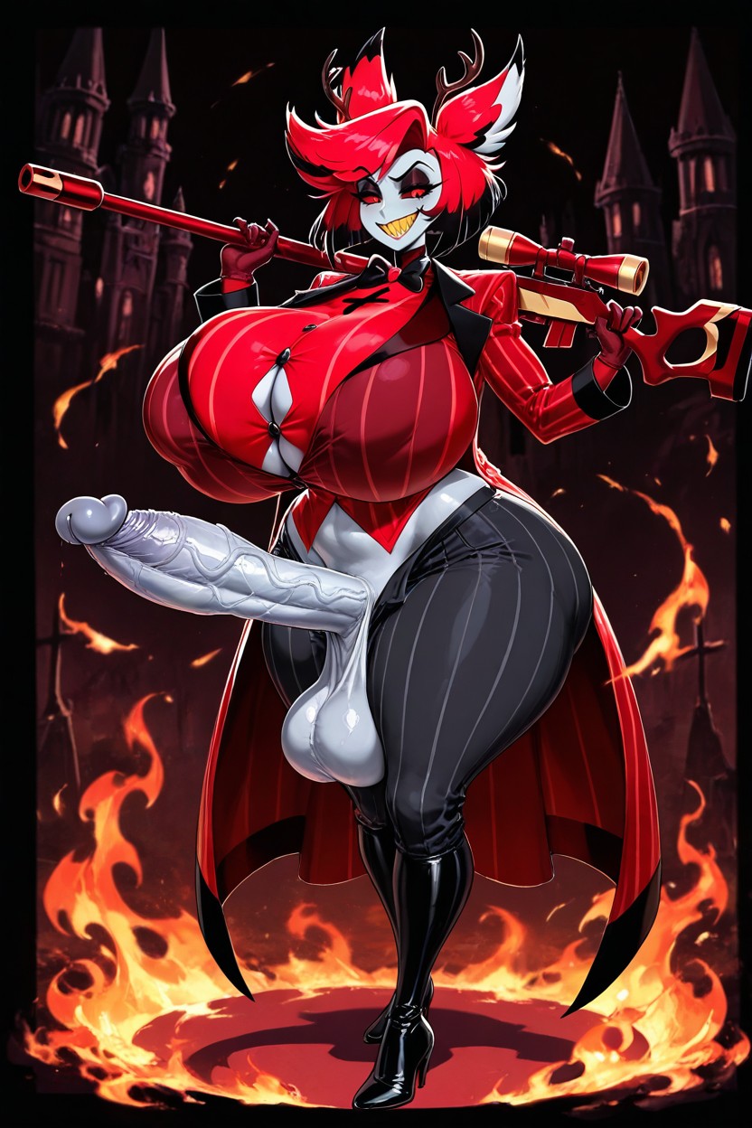 Long Maroon Pants With Matching Bright Red Cuffs, Human Anatomy, Deer Antlers Hentai AI Porn