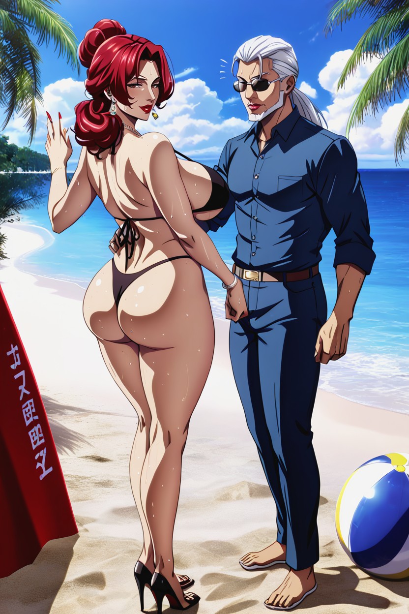Vista Frontal, De Pie, Milf Black Bikini Hentai IA