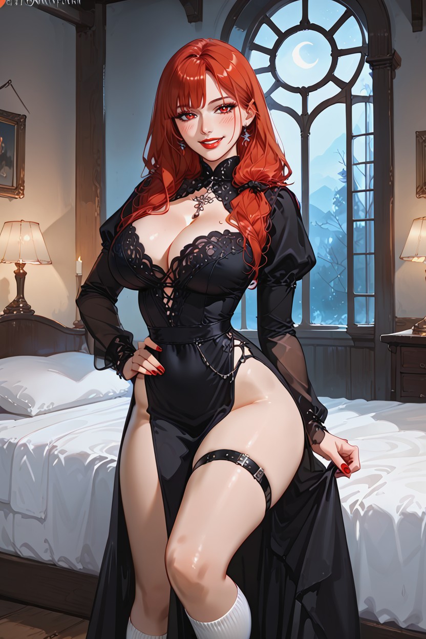 Full Moon Light Filters In, A Large Cleavage, Gazing Intently At A Startled Who's Standing In Front Of Her Hentai AI Porn