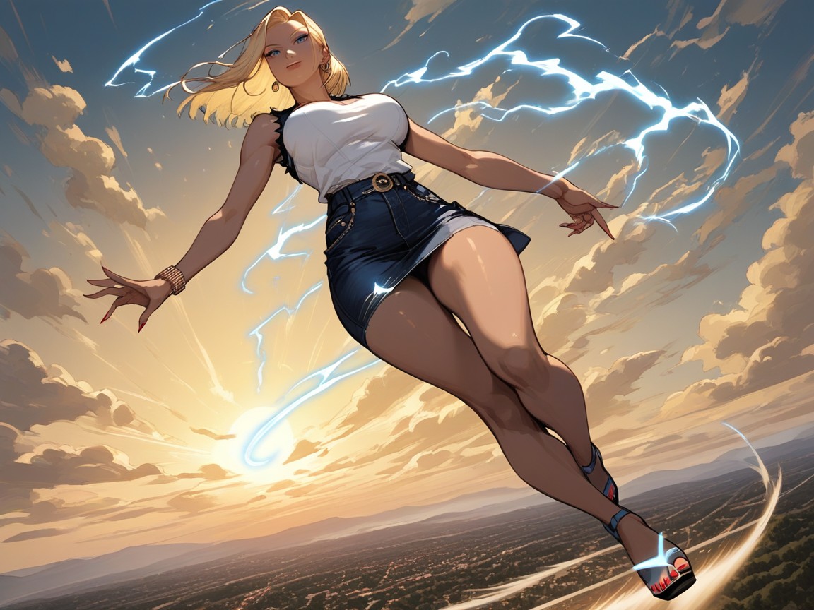 Wide Angle, Perfect Image, Wearing A Black Tight Singlet Denim Skirt Hentai AI Porn