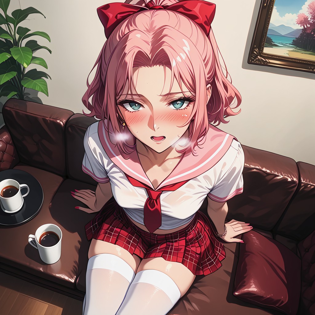 Red Plaid Skirt, Sitting Down, Navel Exposed Hentai AI Porn