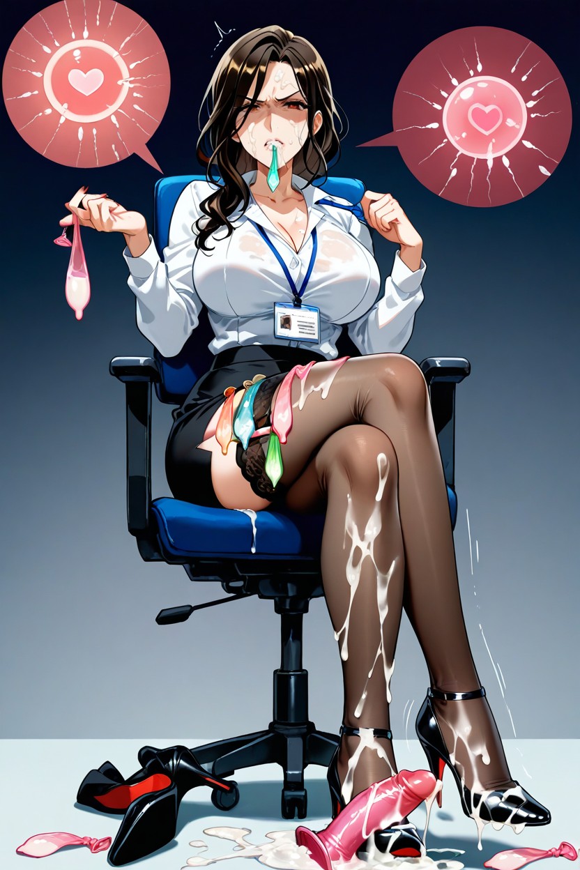 Foot Inside Semen Soaked High Heels, Holding A Used Condom In Hands, Cinturón De Condones Usados Hentai IA