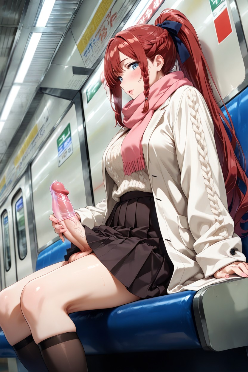 Detailed, Pelo Rojo, Wearing White Wool Over Coat With Long Sleeve Hentai IA