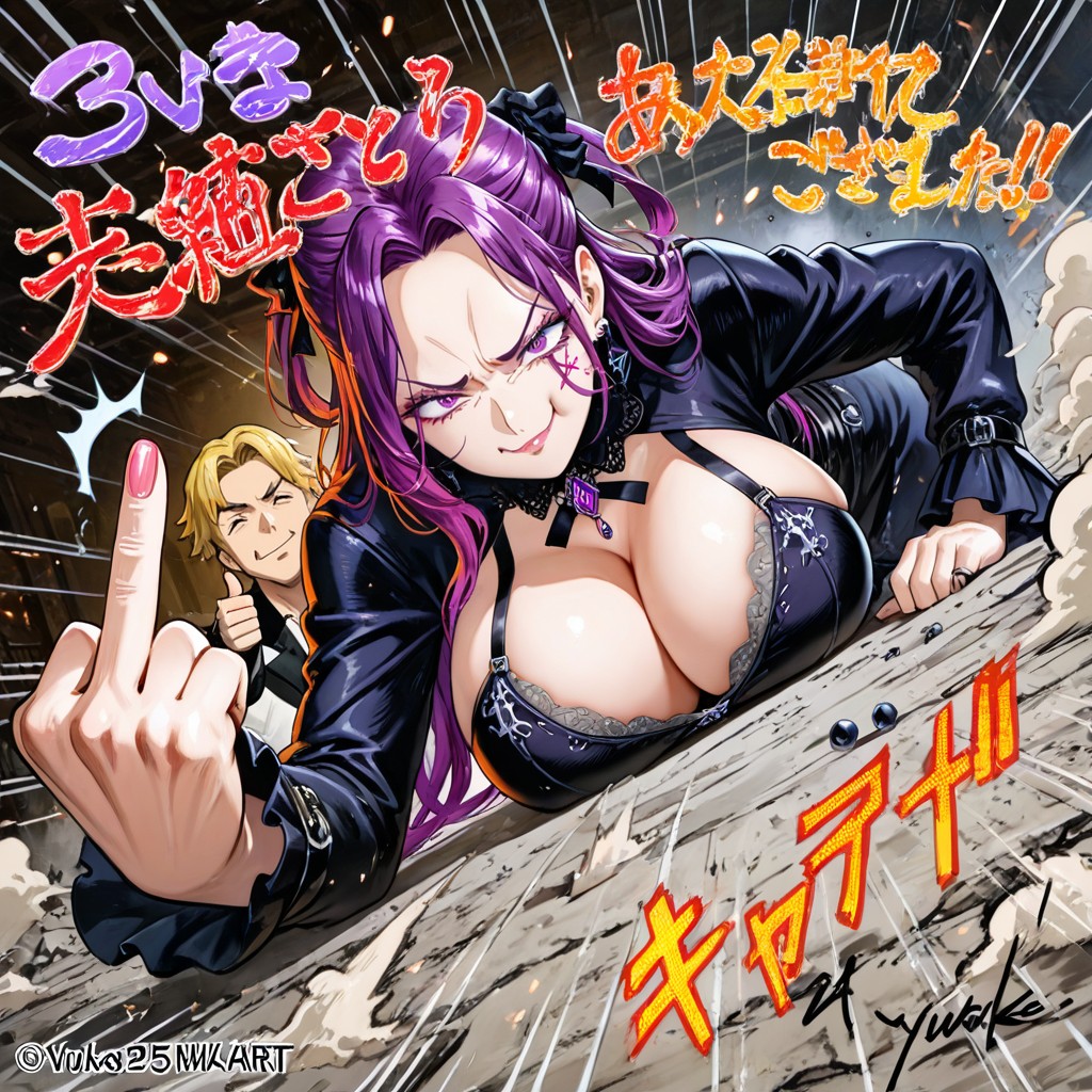 Thumbs Up, Purple Hair, Cinematic Lighting Hentai AI Porn