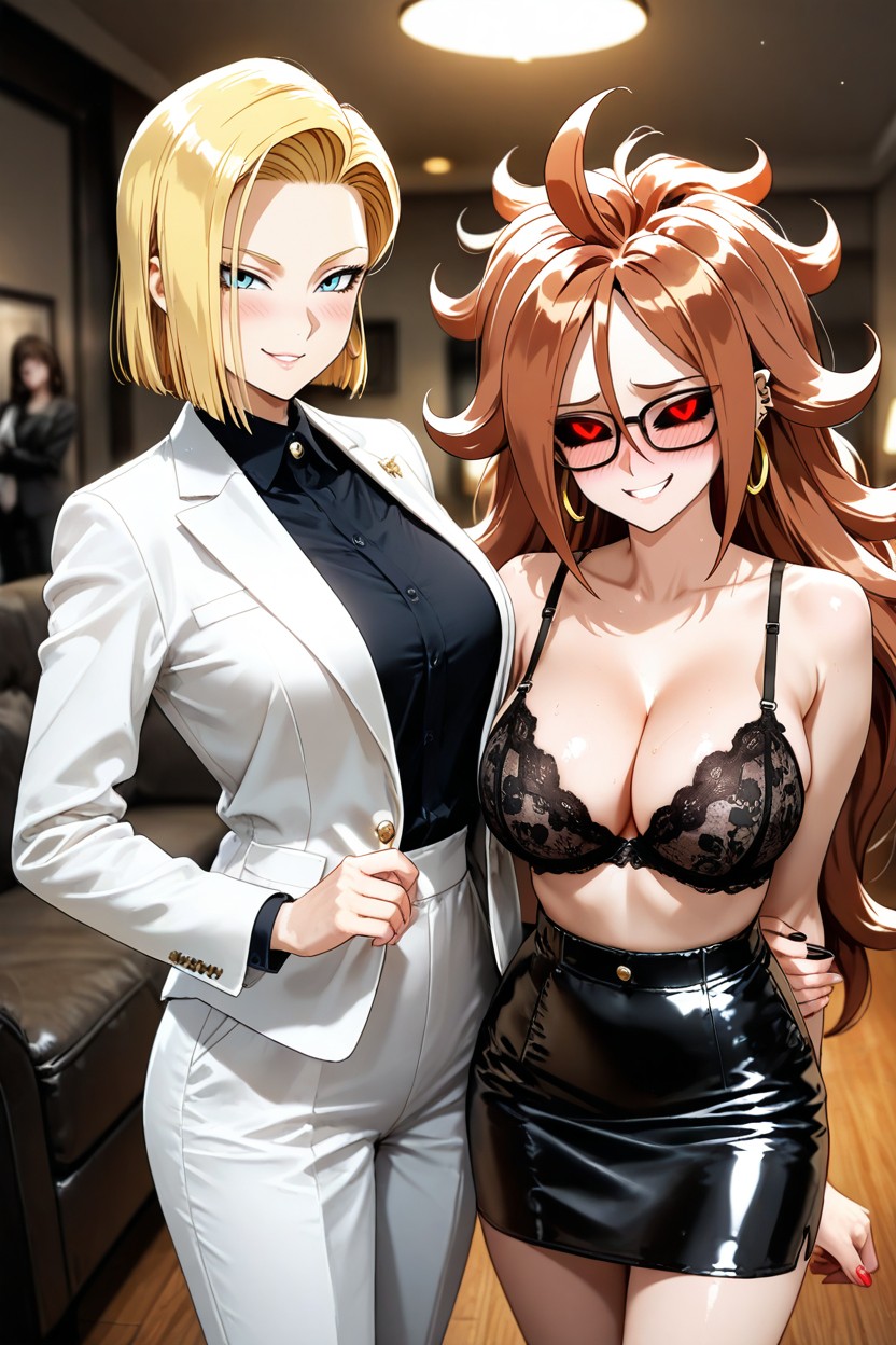 Standing Side By Side, A Black Lace Bra, And A Black Leather Skirt Hentai IA