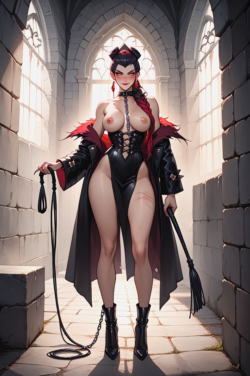 Iron Chains Hanging, Two Wall Torches Lighting The Scene, Confident Predatory Smirk Hentai AI Porn