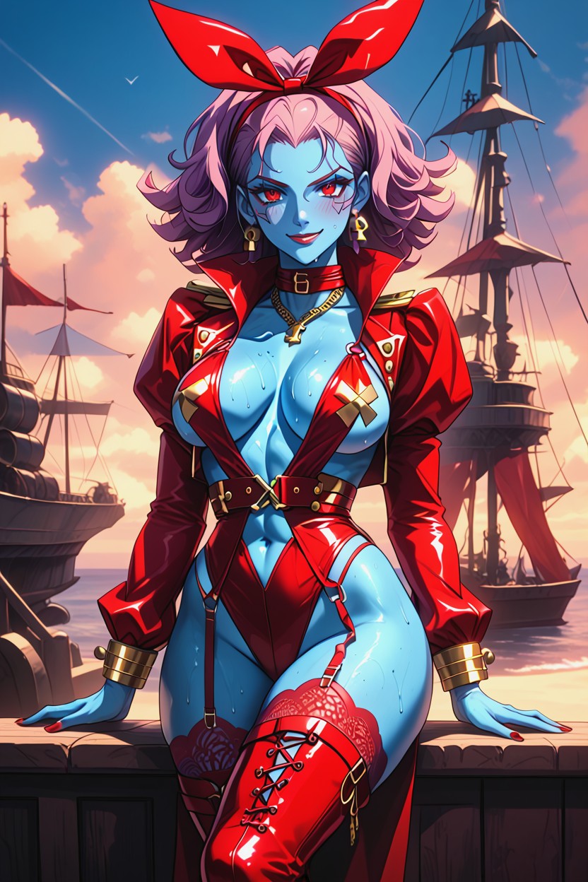 Glossy Red Latex Long Sleeves, Navel Exposed, Blue Skinned Female Hentai IA