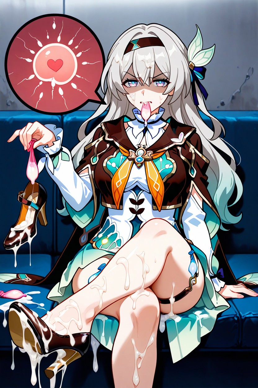 Sitting, Holding Many Used Condom In Mouth, Cum On Legs Hentai AI Porn