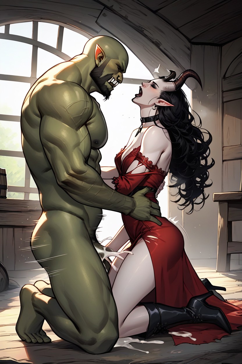 Red Dress, Head Tilted Back, Viking Hut Hentai AI Porn