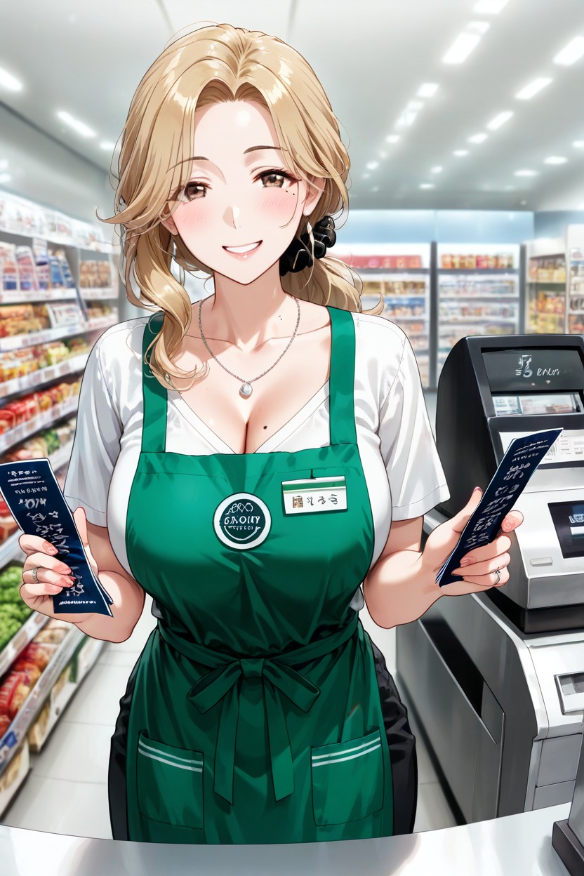 Holding A Product, Mole On Chest, Standing Behind Checkout Counter Hentai AI Porn