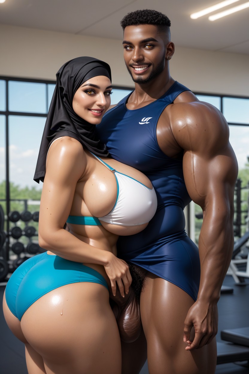 Sky-blue Thong, Smiling Mouth Open, African Husband And Arabian Wife Hugging Eachother Hentai AI Porn