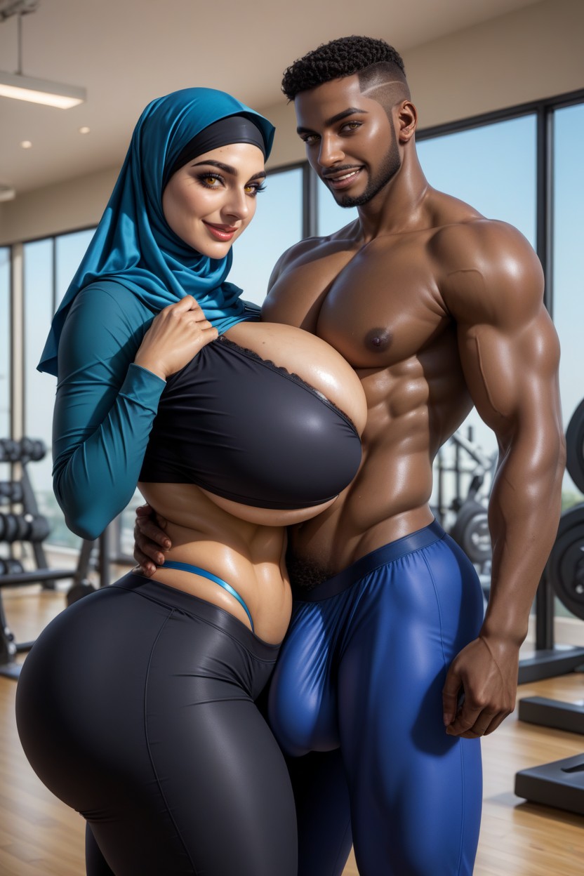 Colossal Breast, Huge Cock, Mascular Bodybuilder Man Standing With A Milf Woman Hentai AI Porn
