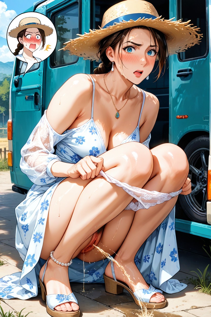 Panties Pulled Down To The Knees, Embarrassed , Countryside Hentai AI Porn