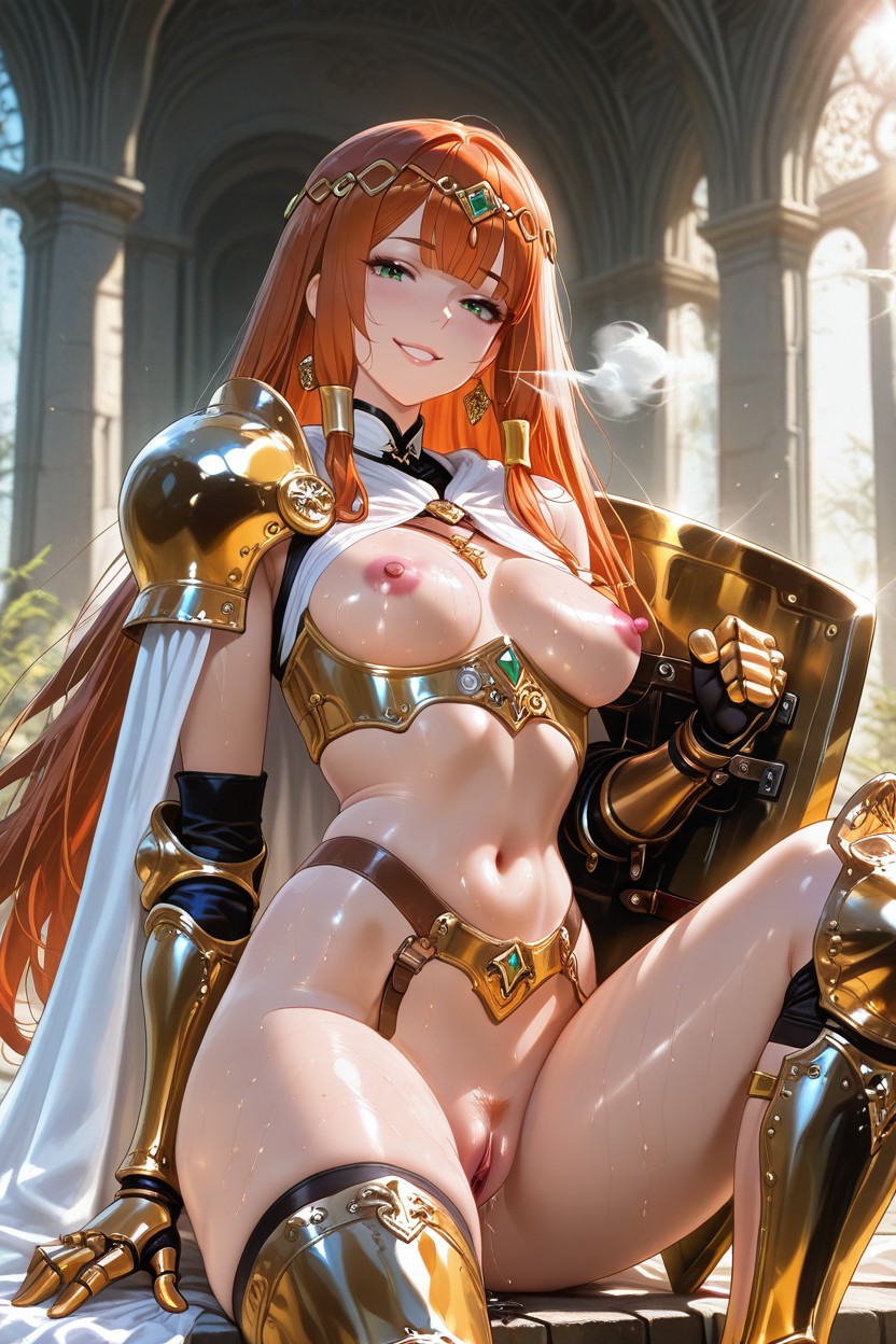 Detailed, Lens Flare, Strapped Golden Metal Shoulder Guards Hentai AI Porn