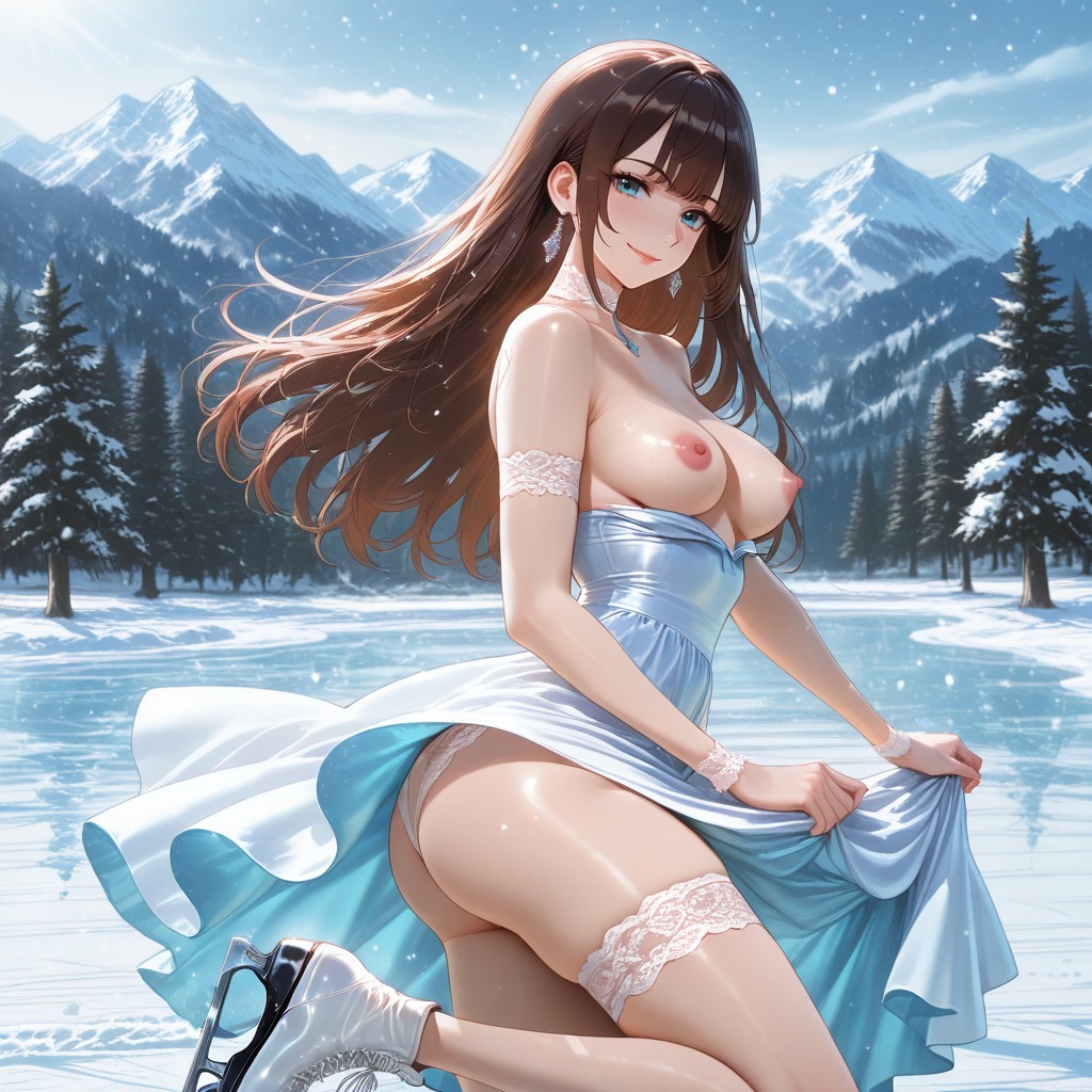 Light Snowing Weather, Pine Trees Covered With Snow In Background, Skinny Hentai AI Porn