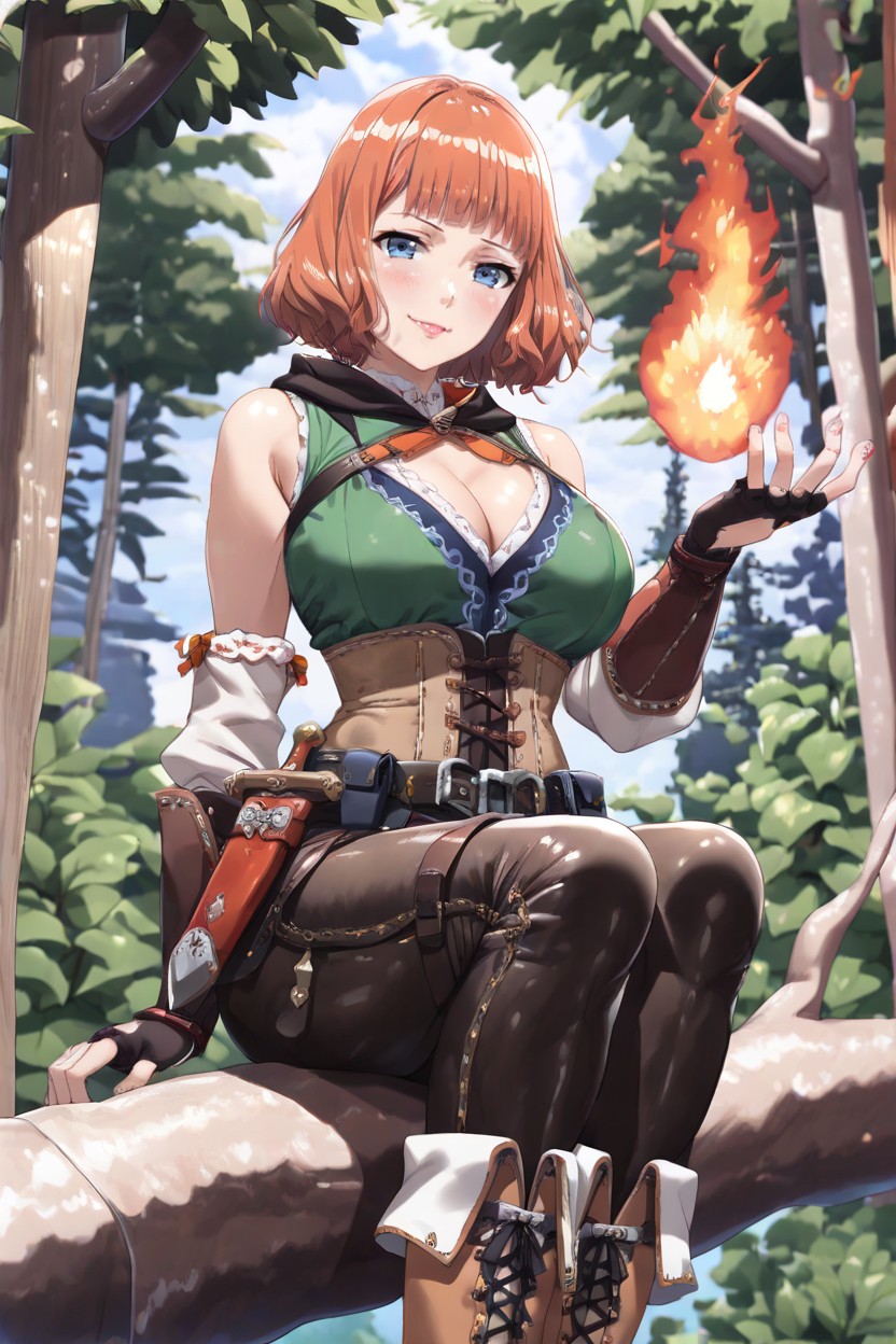 Ginger Woman With Dark Orange Hair, Forest, Green Clothes Hentai IA