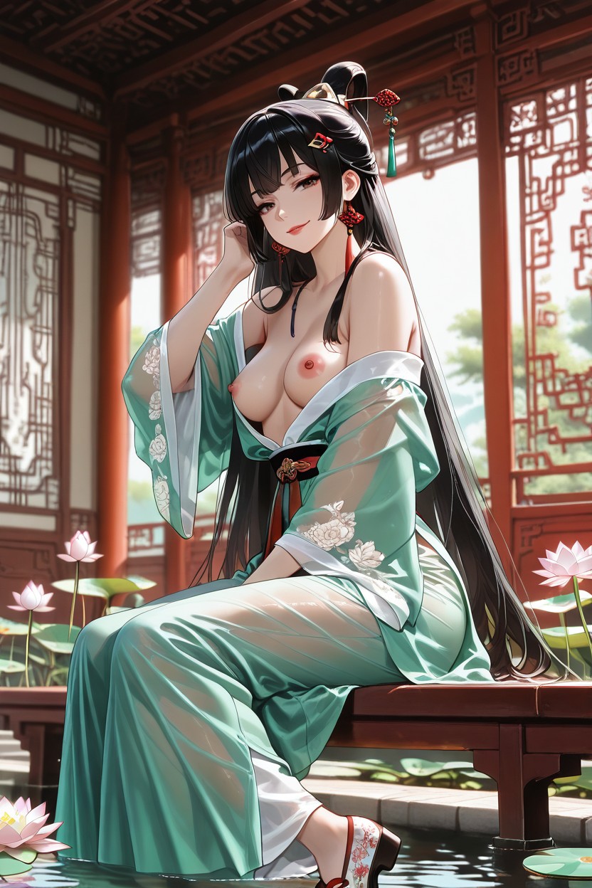 In Lotus Garden, Pink Nipples, Hanfu Opened Sideways Hentai AI Porn