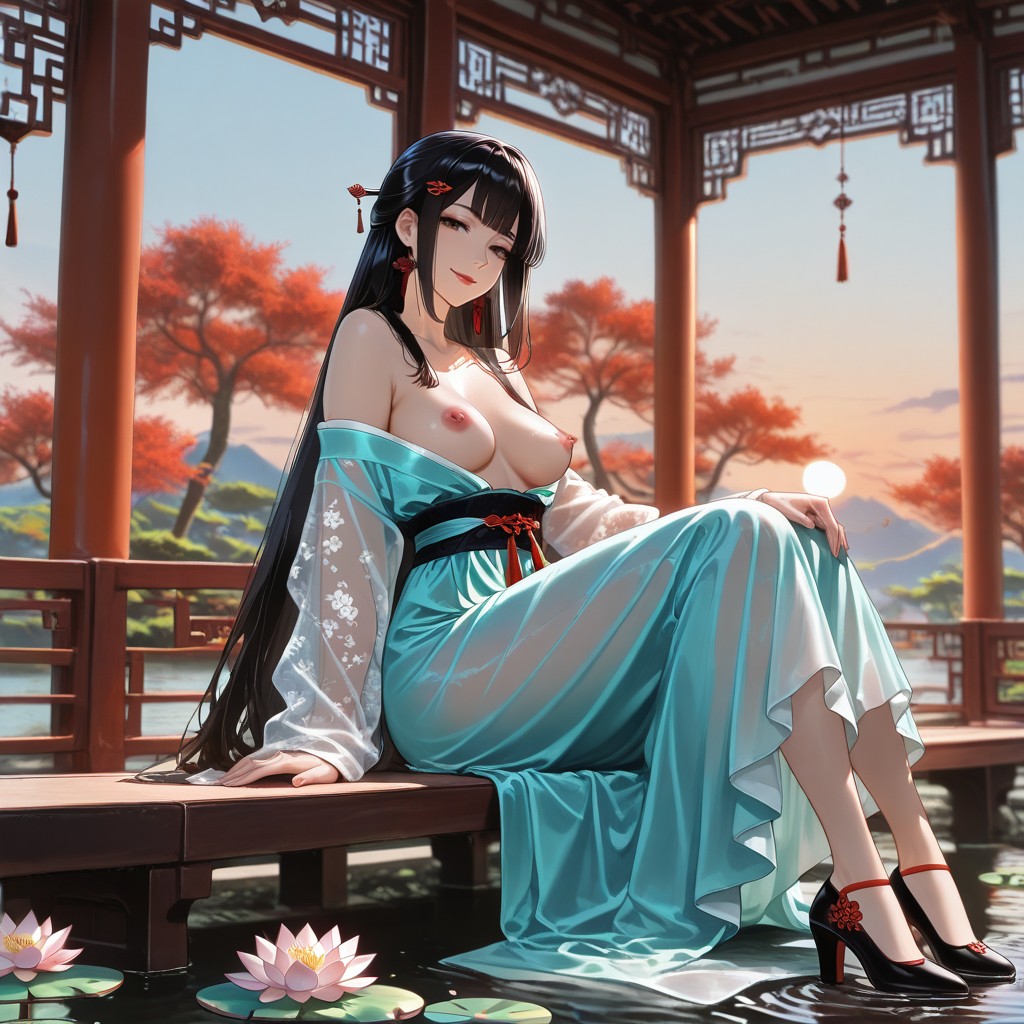 Seductive Smile, Off Shoulder, Very Long Hanfu Skirt Hentai AI Porn