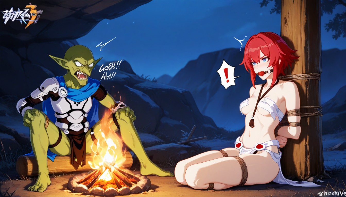 Campfire, Light Blue Cape, Female Exclamation Markone Male Goblin Naked Hentai AI Porn