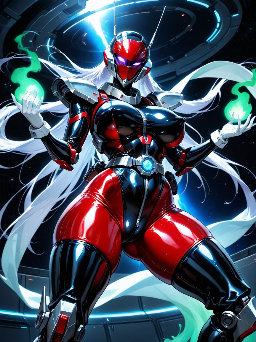 Girl, 유령 손, Glossy Black Red Latex Bodysuit 헨타이 AI 포르노