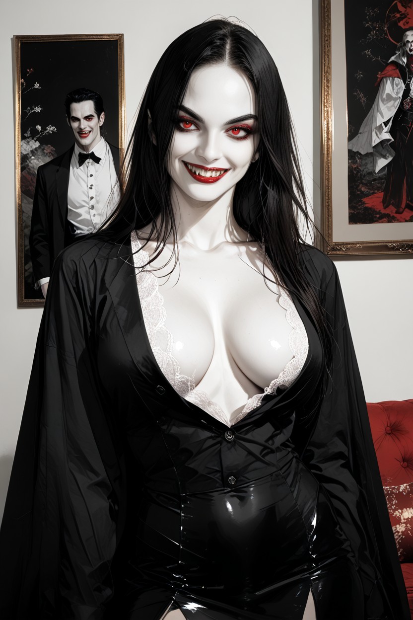 Framed Painting With A Portrait Of Count Dracula, White Skin, Red Eyes ヘンタイAIポルノ