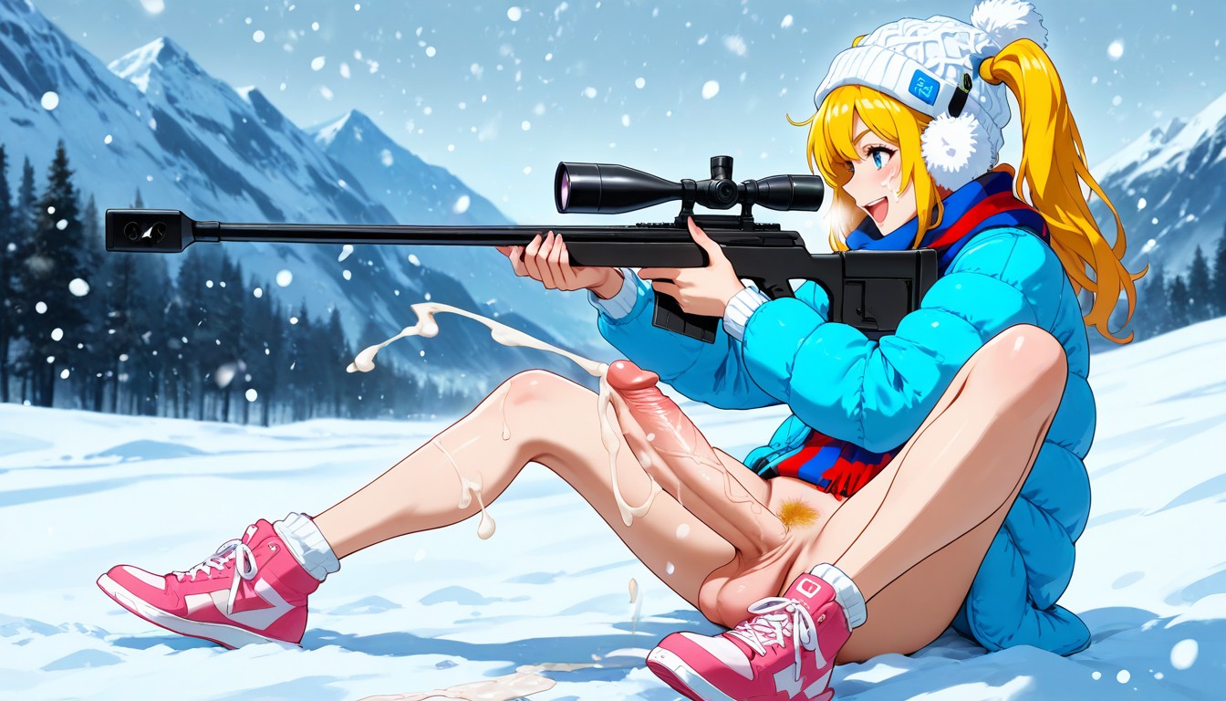 Squating And One Leg Spread, Sniper Rifle, Dünn Hentai KI Porno