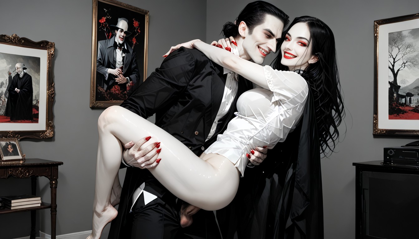 Long Beautiful Legs, Vampire Is A Beautiful Television Presenter, White Transparent Unbuttoned Shirt ヘンタイAIポルノ