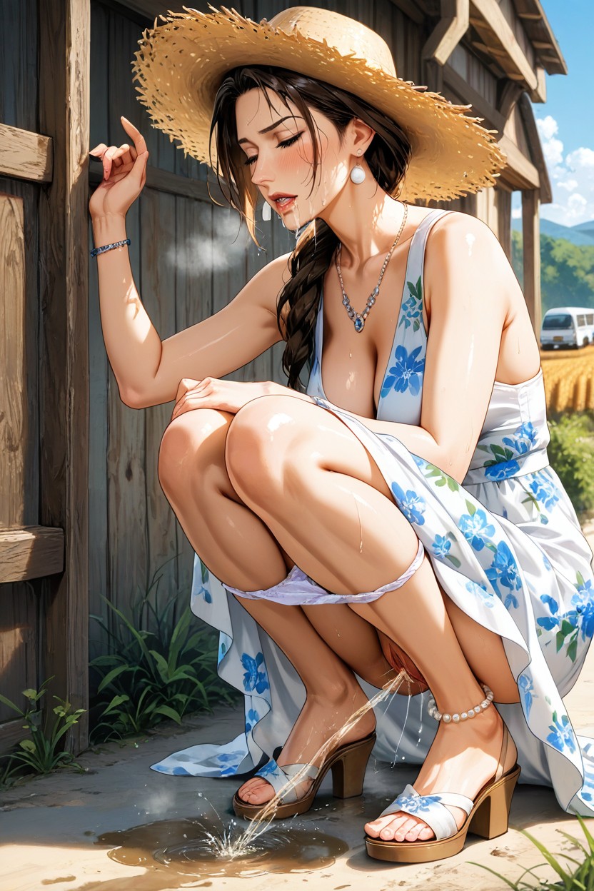 Cotton Panties Pulled Down To The Legs, Floral Print, Countryside AI黃漫