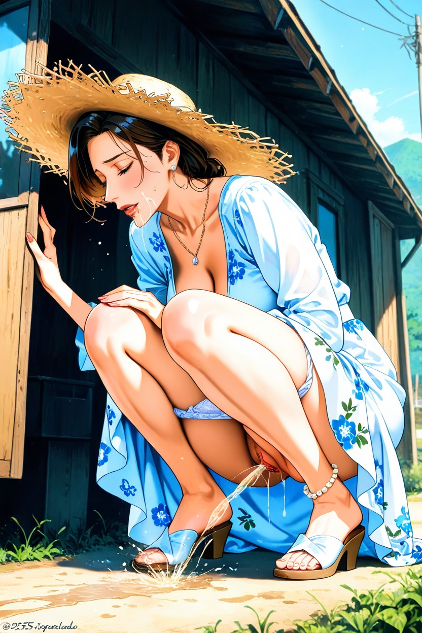 Cleavage, Peeing Outdoors Roadside, Wearing A Skirt Hentai IA pornografia