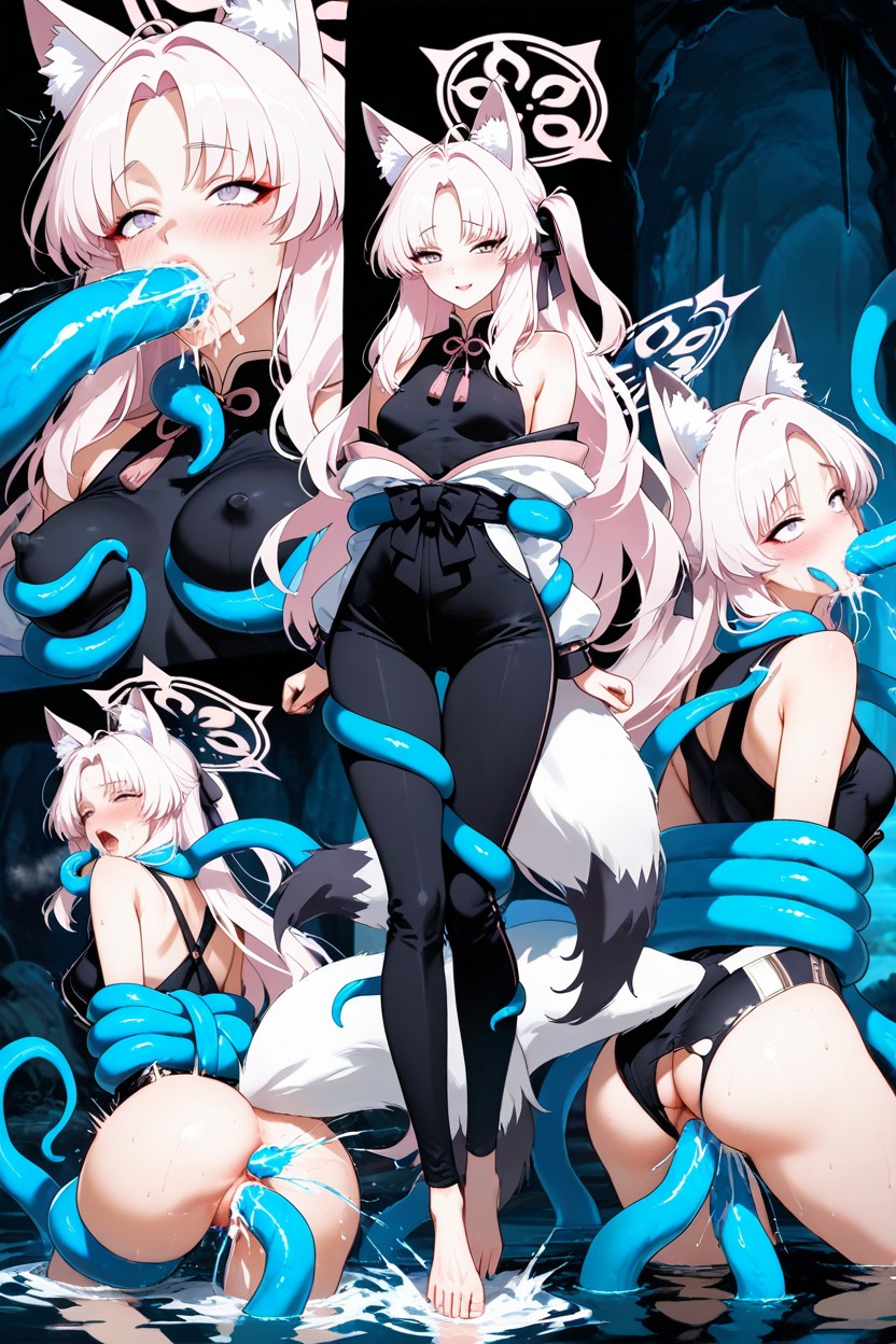 Gold Trim, Aqua Blue Tentacles Wrapped Around Arms And Neck, Consistent Proportions Porno IA Hentai