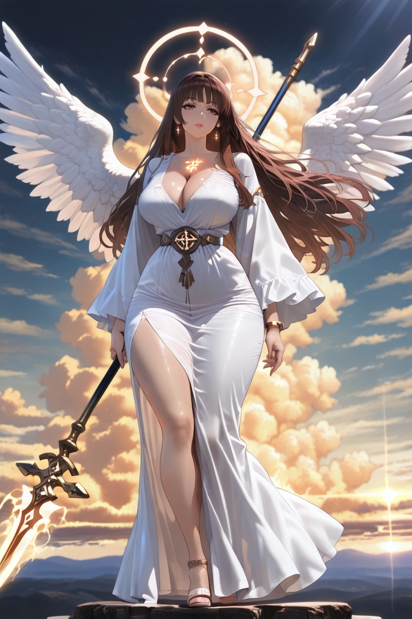 Cleavage, Flying Above Golden Clouds, Celestial Being Hentai AI Porn