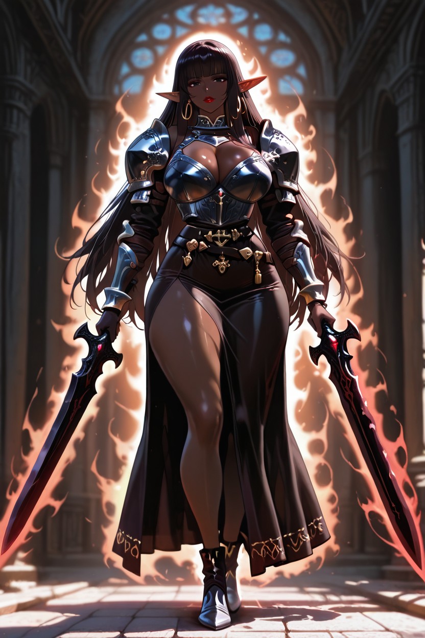 Dark Brown Skin, Panelled Armor-skirt With Side Openings For Agility, Red Lipstick Hentai AI Porn
