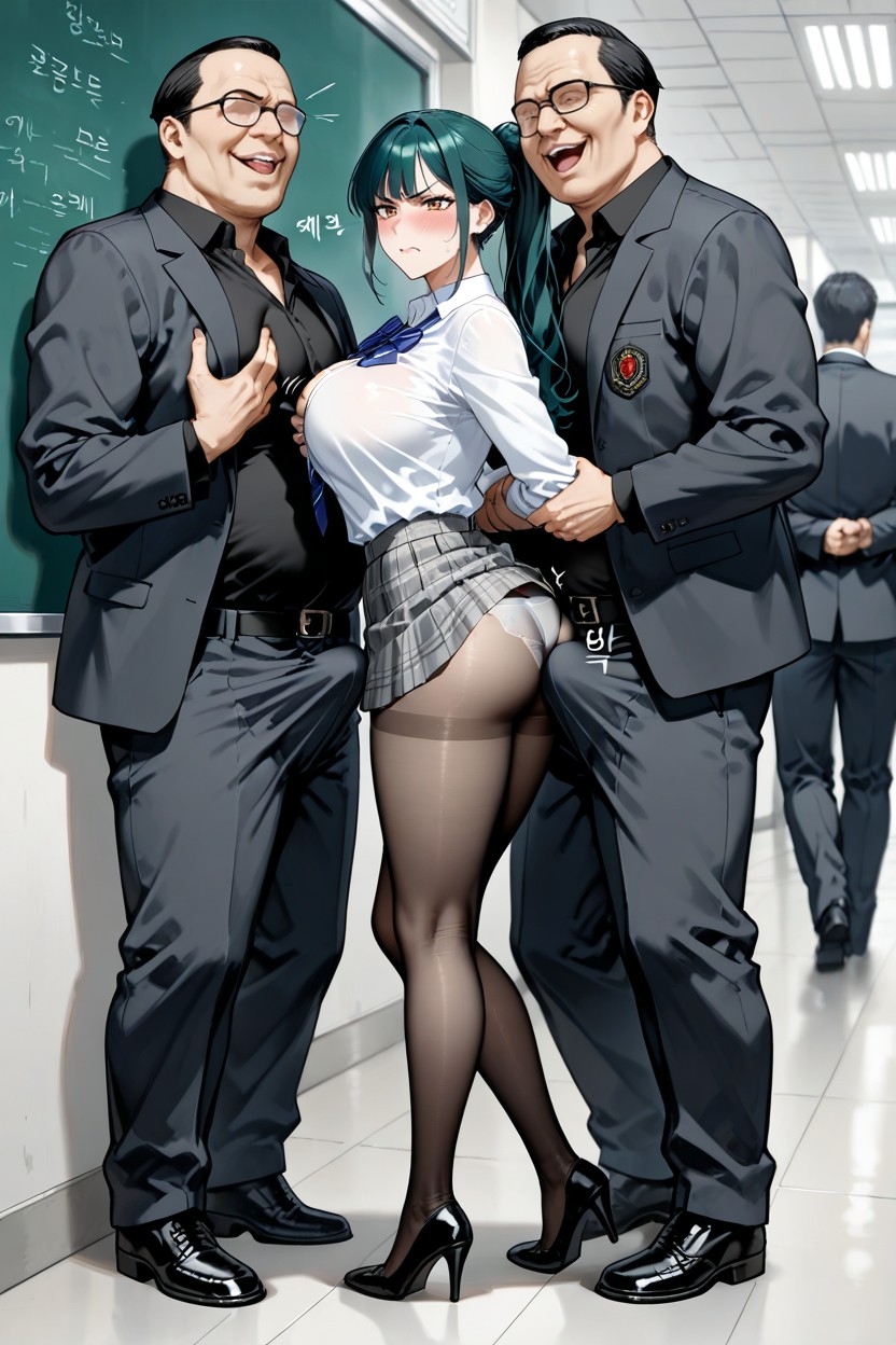 Several Men Are Pulling Her Skirt, Woman With Unbuttoned Shirt, Side View Porno IA Hentai