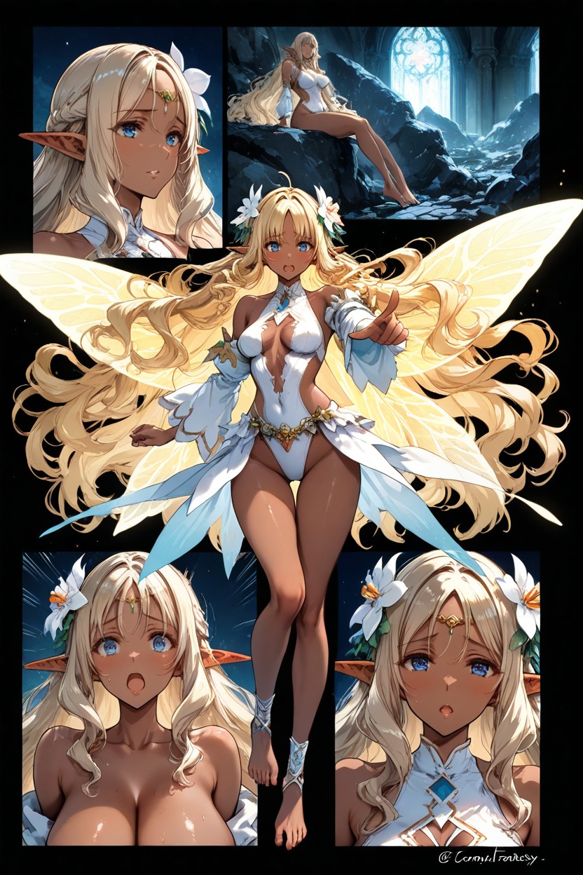 Canonical White Fantasy Outfit, Insanely Long Wavy Hair, Gold Hentai AI Porn