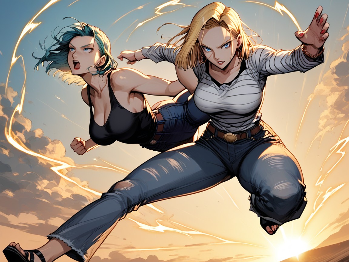 Bulma Wearing Tight Jeans Black Open Toe Heels White Tight Singlet, Aura, Red Lipstick Hentai AI Porn