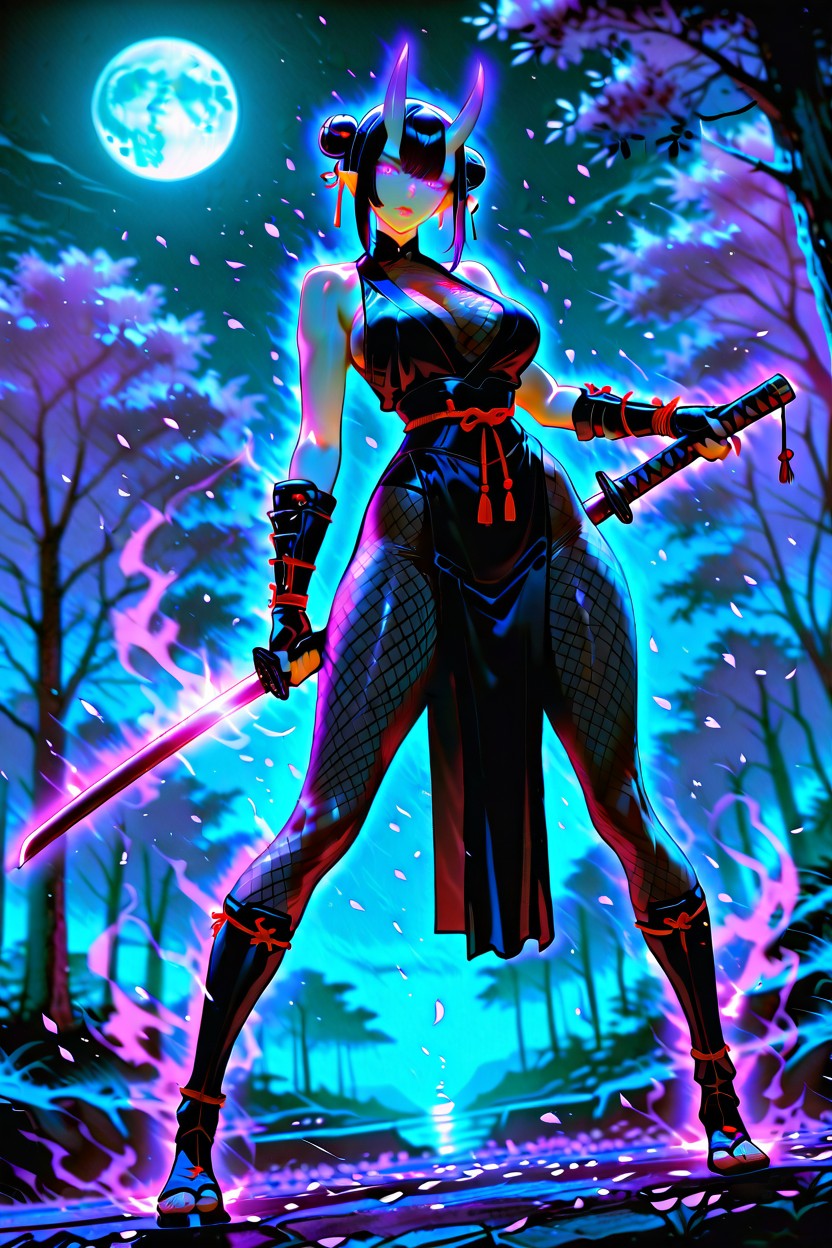 Skin Horns, Glowing Purple Eyes, Medium Breasts Hentai AI Porn