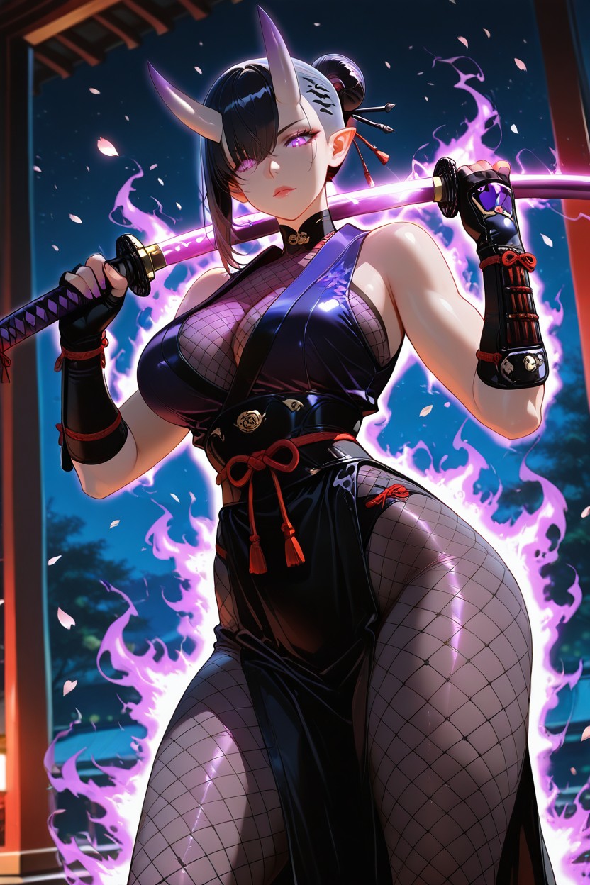 Ninja Fishnet, Sexy Lips, Black Hair Hentai AI Porn