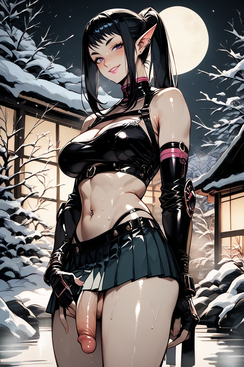 Night, Black Hair, White Sleeveless Crop Top Hentai AI Porn