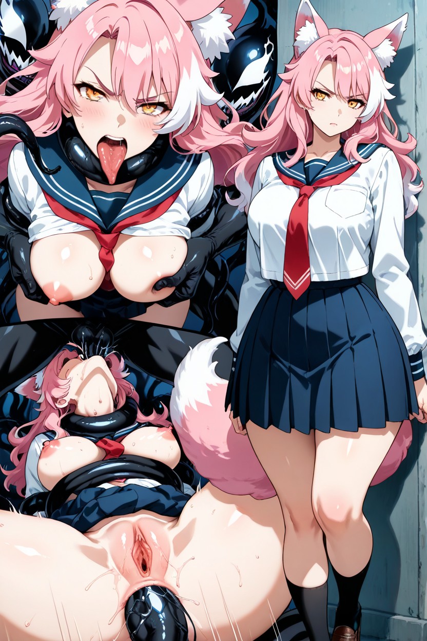 Red Necktie, Multiple Views, And Fox Ears With Pink Inner Fur Hentai AI Porn