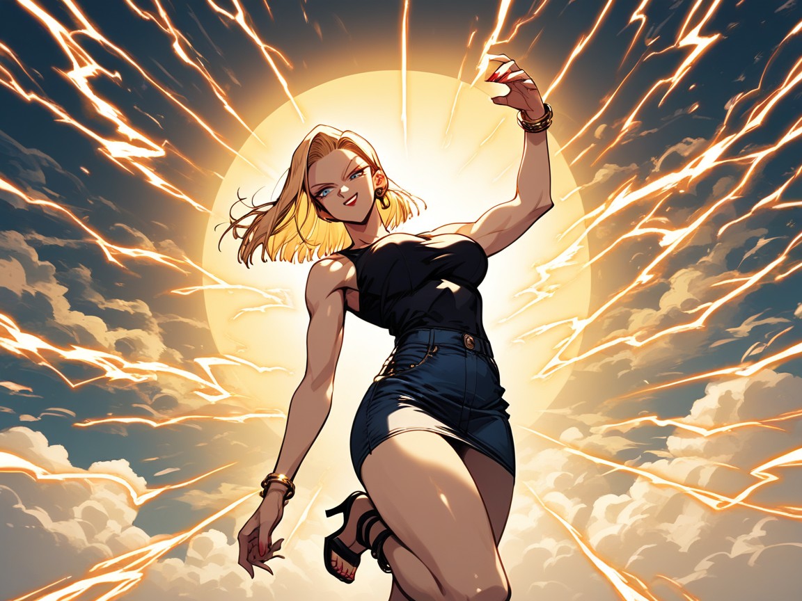 Motion Blur, Wearing A Black Tight Singlet Denim Skirt, Flying Pose Hentai AI Porn