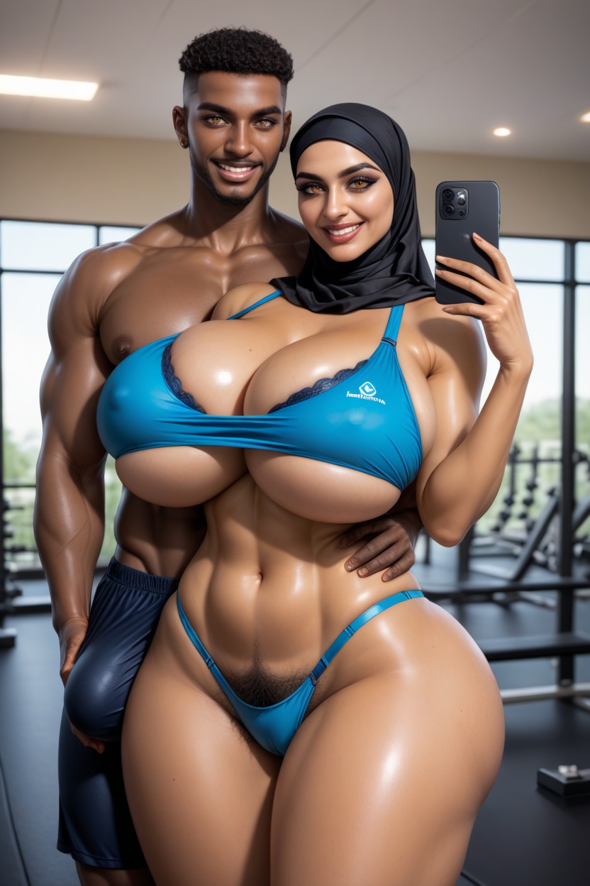 Milf Woman And And A Black African Man Hugging Eachother, Husband Wife Doing Gym Workout, Front View Hentai AI Porn