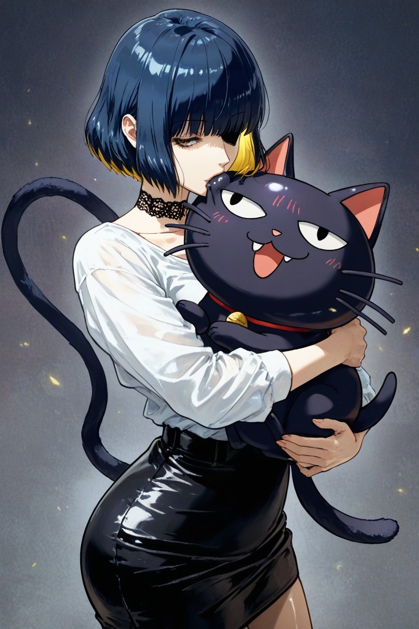 Black Ears, Deep Dark Blue Hair In A Sleek Bob, Souma Hugging Both Hentai AI Porn