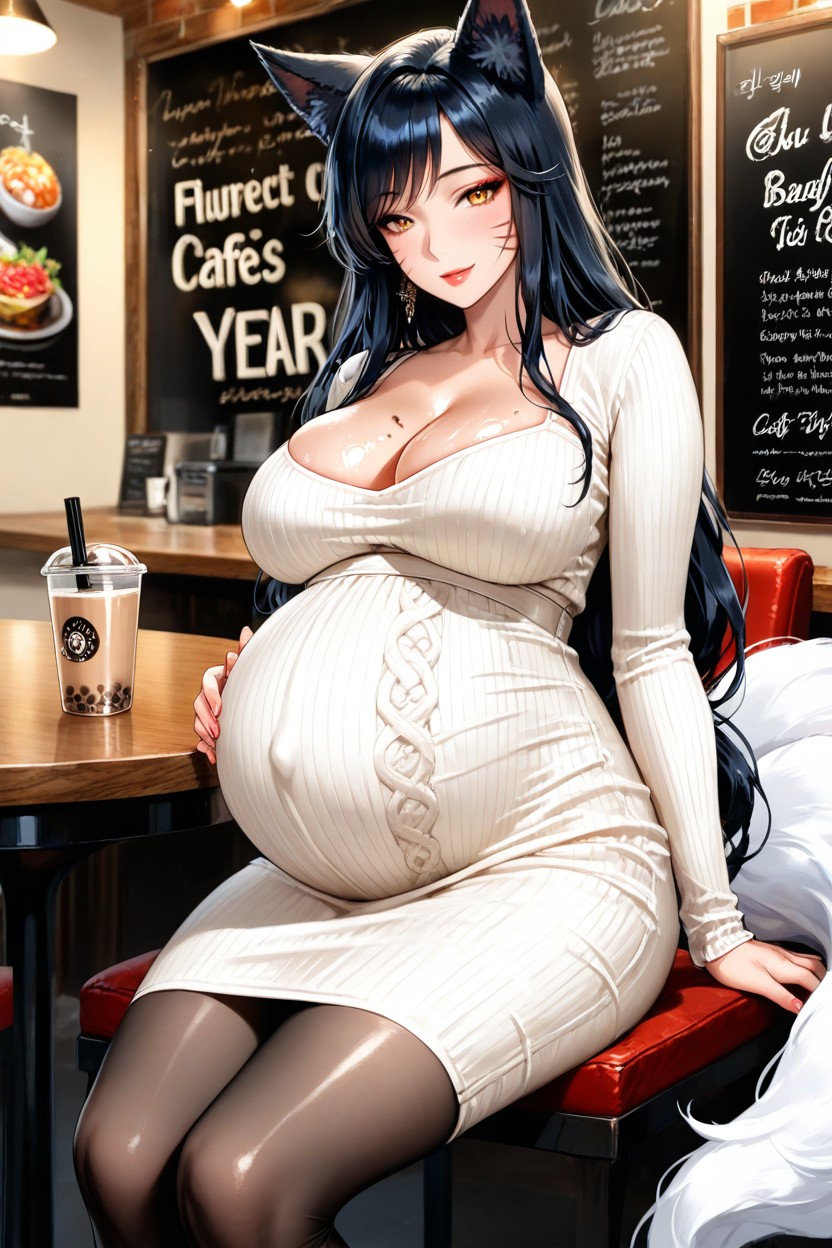 Excessively Long Hairs, Cafe, Shiny Oiled Skin Hentai AI Porn