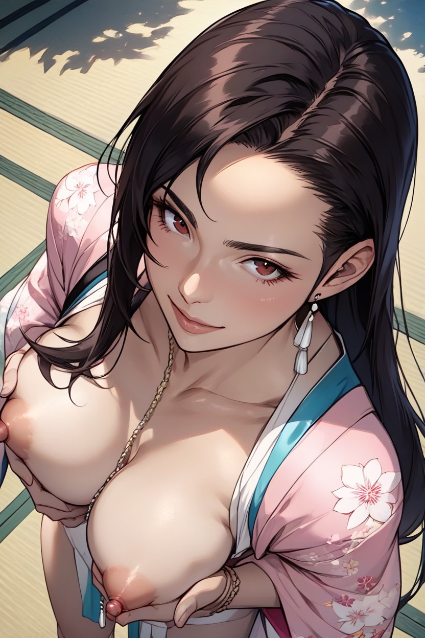 Long Bangs Parted In The Middle, Thick Thighs, Grabbing Boobs Hentai AI Porn