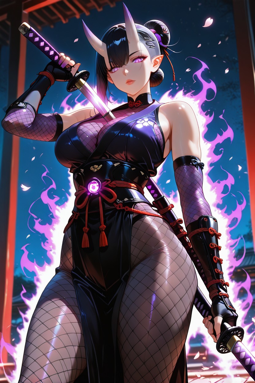 Wielding Katana, Japanese Samurai Hair Bun, Sexy Pose Hentai AI Porn