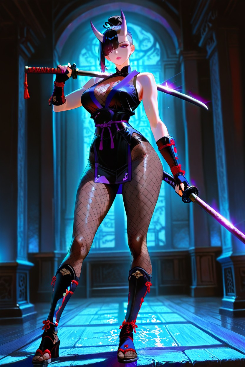 Skinny, Black Fingerless Samurai Gloves, Detailed Eyes Hentai AI Porn