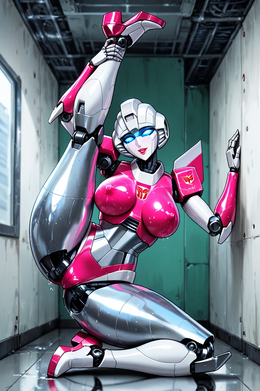 Looking At Viewer, Legs Wide Apart In Vertical Split, Exposed Midriff With Intricate Circuit-like Patterns Hentai AI Porn