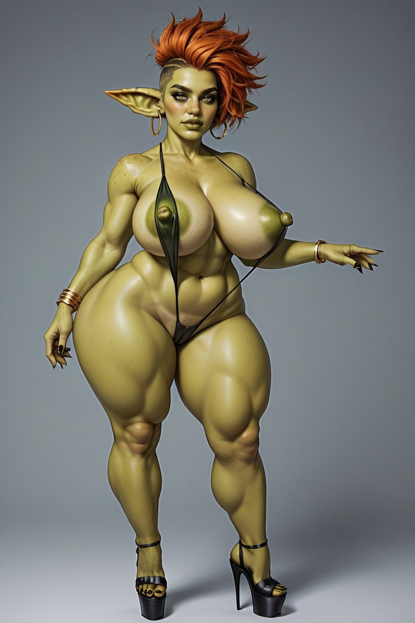Dark Green Freckles On Thighs, Extremely Long Nipples, Large Dark Green Freckles On Tits Hentai AI Porn