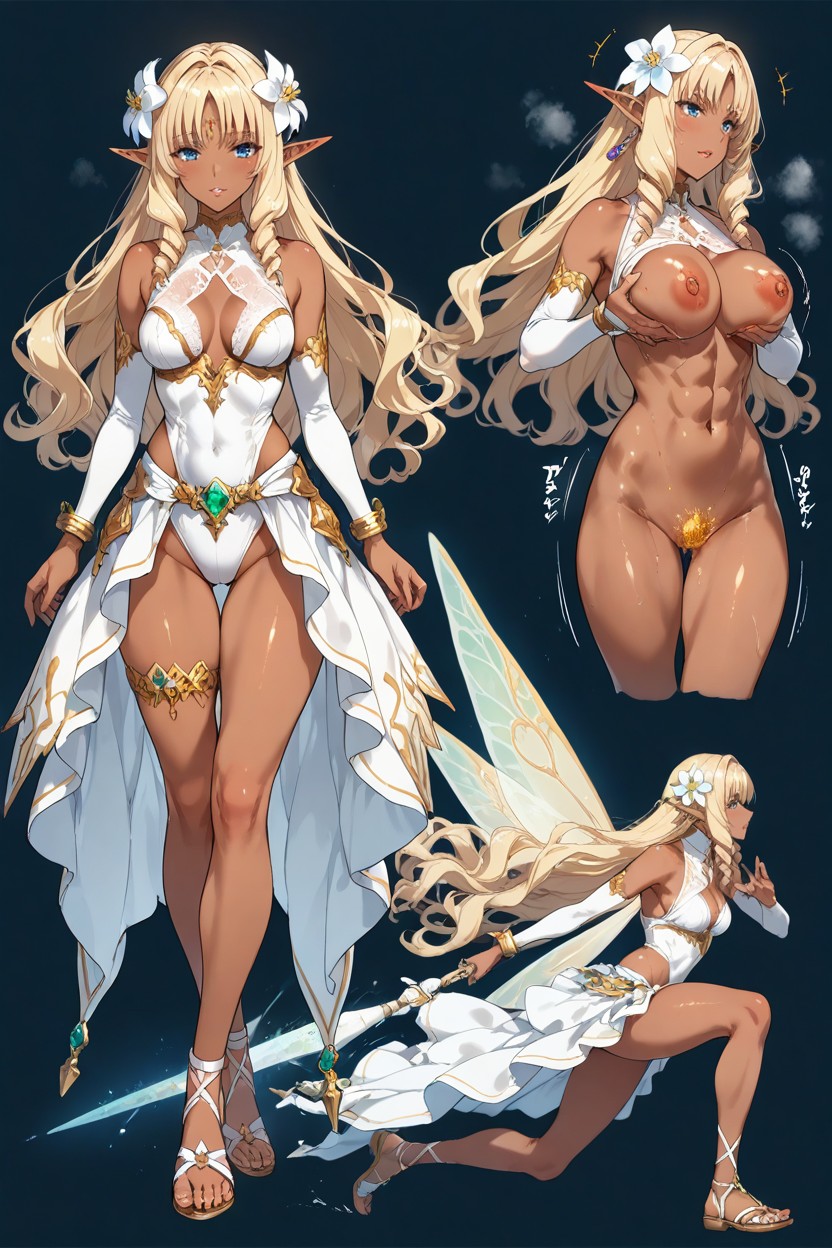 Masterfully Dynamic Linework, Canonical White Fantasy Outfit, Gold Hentai AI Porn